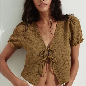 H&M Olive Green Crinkled Tie-Front Top